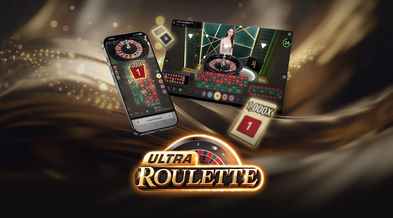 Online Ultra Roulette casino game by SA Gaming showcasing desktop and mobile version, with stylized Ultra Roulette logo.